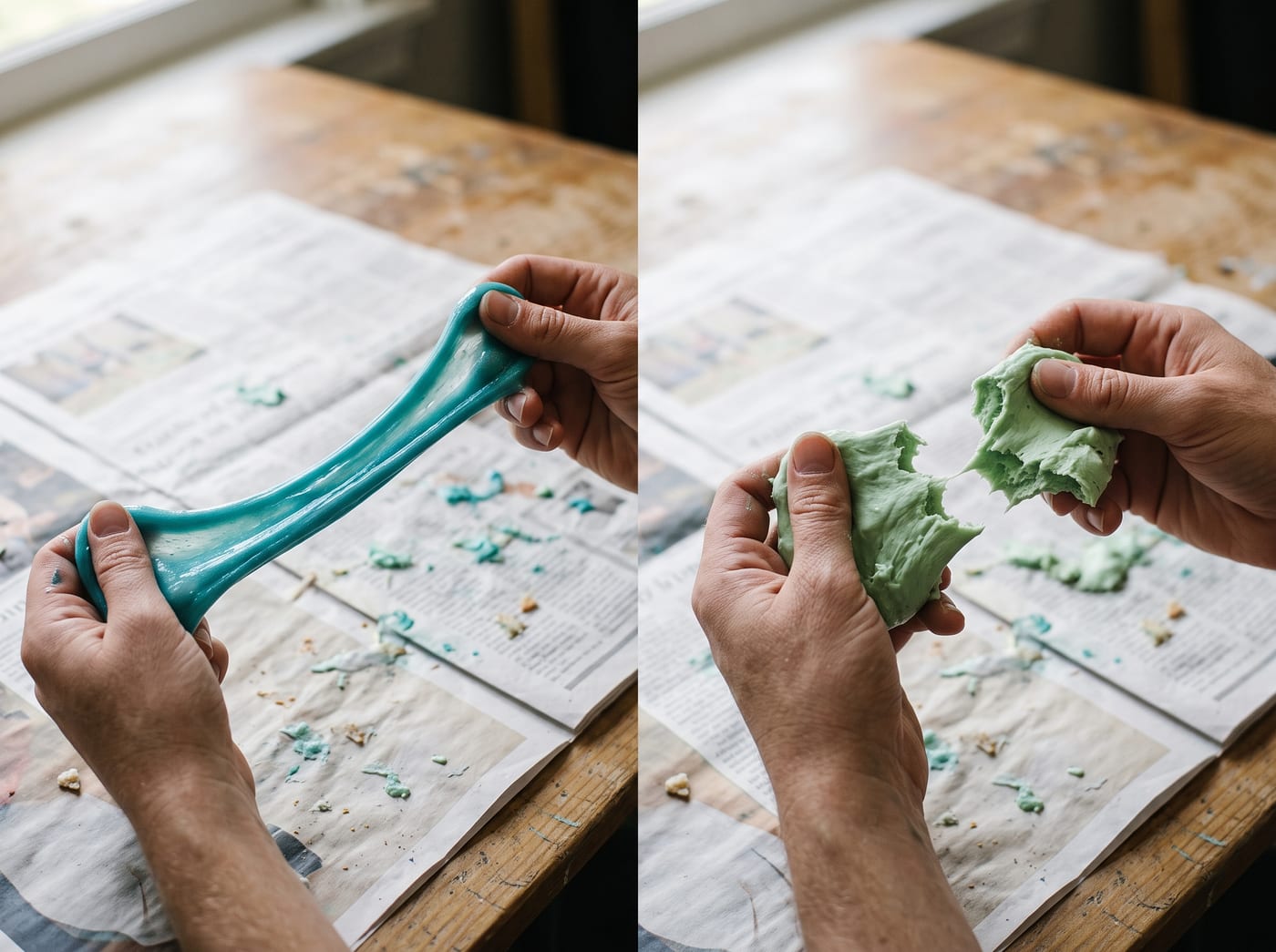 Two hands stretching glossy teal slime into a long ribbon beside two hands pulling stiff green slime that has torn into ragged lumps