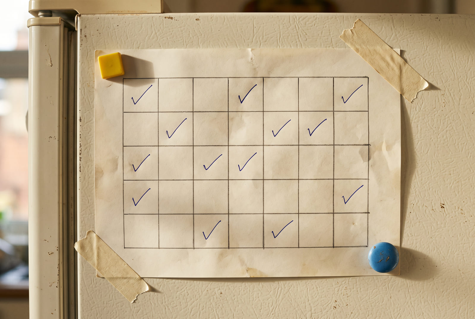 A hand-ruled paper grid taped to a fridge door, some boxes ticked in blue pen, several left blank.