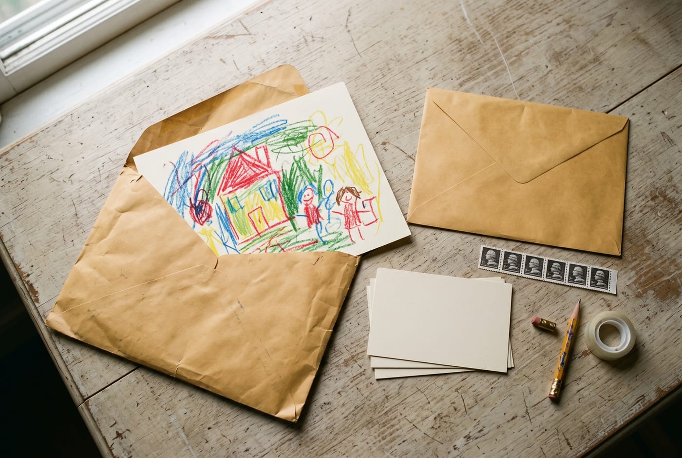 An open kraft envelope on a pale wooden table with a child's crayon drawing sliding halfway out, a second empty envelope ready to go back, a strip of stamps, a pencil and a stack of blank index cards.